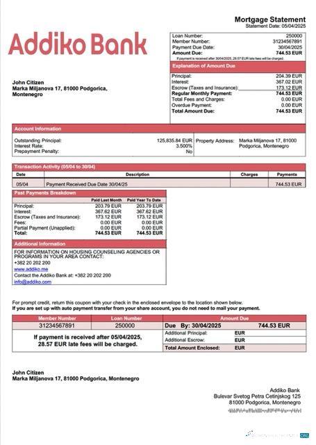Download Montenegro Addiko Bank mortgage statement Word and PDF template Photoshop template